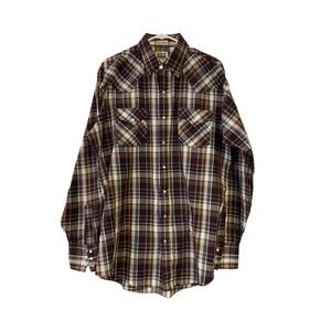 Ely Cattleman Shirt Men's Size Large Tall Plaid Pearl Snap Button Up Long Sleeve